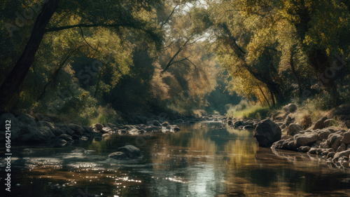 a river with trees around it.  Generative AI