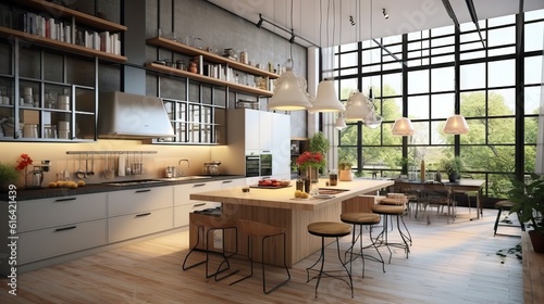 Mid century design.Modern interior design of wooden kitchen with round dining table and chairs near window, dining table and chairs.