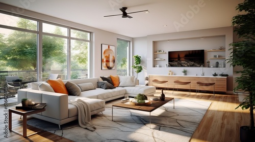 modern mid century living room interior. An elegant and luxurious living room with a comfortable sofa and armchair. © Banana Images