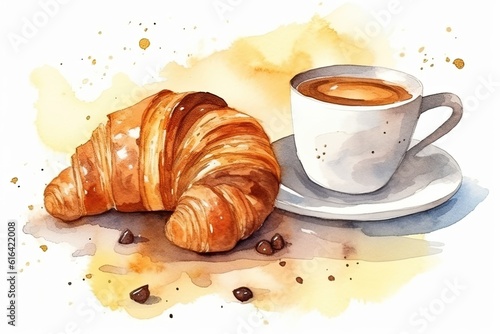 The illustration shows a cup of coffee with a croissant. Generative Ai.