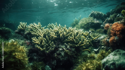 a view of corals and algae from below the surface of the ocean. Generative AI