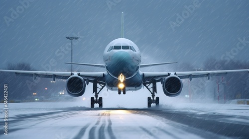 Flight landing departuring during dificult weather, snow rain during a flight, traveling all the year, security concept. photo