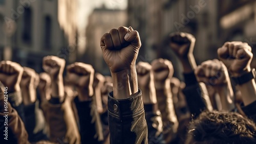 Protesting crowd of people at a rally with their hands in the air. Generative AI.