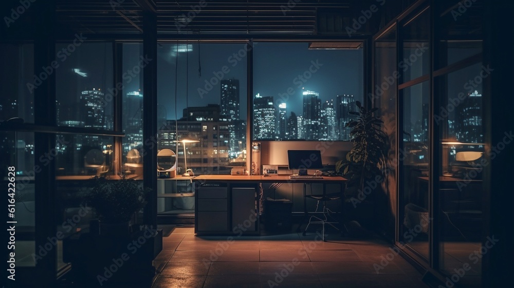 An office workspace in the evening with a view of the city at night. Generative AI.