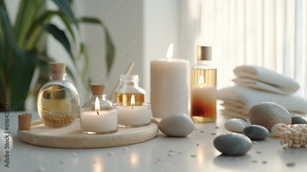 spa still life with candles, Relax still life, spa wellness concept. Cosmetic Beauty Spa Treatment. Aromatherapy body care therapy - obrazy, fototapety, plakaty 