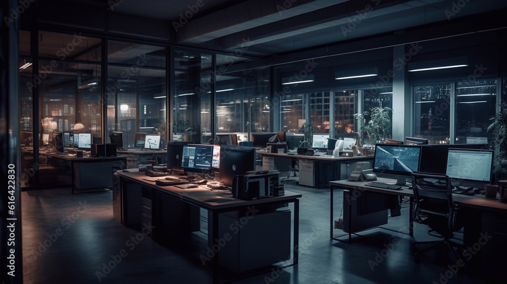 An office workspace in the evening. Generative AI. An office workspace in the evening. Generative AI.