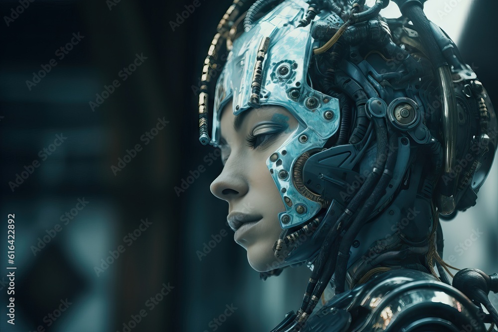 Artificial intelligence concept. Cyborg with cables, robot futurist concept, become human style, cinematic tones concept, scyfy movie frame, robotics Artificial intelligence concept. Cyborg with cables, robot futurist concept, become human style, cinematic tones concept, scyfy movie frame, robotics
