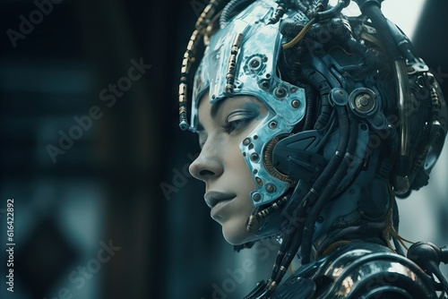 Artificial intelligence concept. Cyborg with cables, robot futurist concept, become human style, cinematic tones concept, scyfy movie frame, robotics