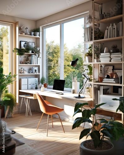 Modern beauty home office desk, green plants, relax and good energies space, student and worker dream space