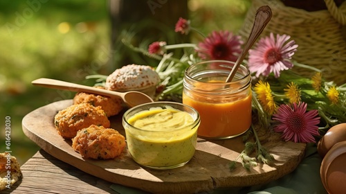 colorful outdoor picnic. ranch dipping sauce, remoulade sauce, and honey mustard sauce