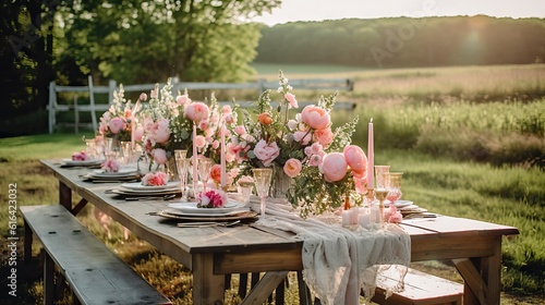 A wedding large, long, decorated, wooden table and chairs, covered with a white tablecloth with dishes, flowers, candles. Wedding banquet.