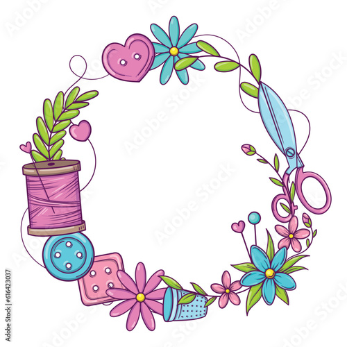 Circular banner template for handmade, knitting, sewing. Frame with sewing and knitting attributes in doodle style