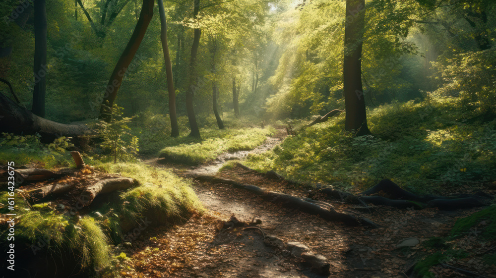 Fototapeta premium Beautiful sunny morning in green forest. Generative AI