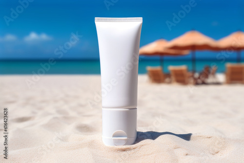 Mockup of a tube of cream on the seashore or ocean. Sunscreen or lotion.