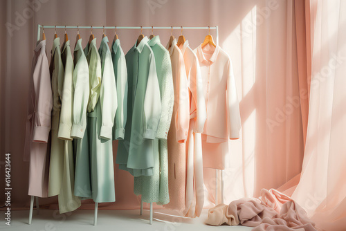 Female Clothes in pastel light colors hang on rack in sunlight. Delicate pastel palette of woman's closet. Generative AI professional photo imitation.