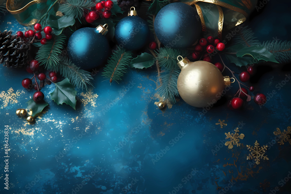a blue blue christmas background with decorations, holly and balls
