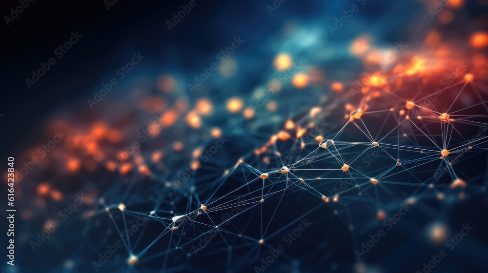 Fototapeta premium Abstract blue green technology background with a cyber network grid and connected particles. Artificial neurons, global data connections - Generative AI