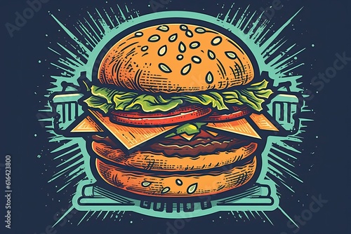 The illustration depicts a painting of a mouthwatering burger with all the classic toppings and a toasted bun. Generative Ai.