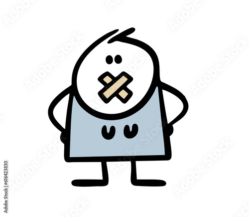 Disgruntled woman cannot say anything with her mouth taped shut. Vector illustration of a helpless girl.