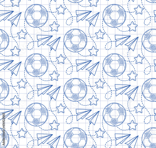 Seamless pattern with cartoon soccer balls in sketch style on a white checkered background