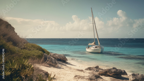 Caribbean sea and sail boat on the beach shore, beautiful panoramic tropical view. Generative AI