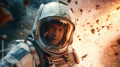 Valokuva Cinematic scene of an astronaut during an explosion, futuristic action movie concept
