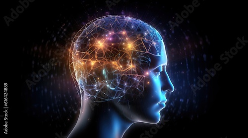 Synapse connections. Artificial intelligence and computing concept. Artificial intelligence and cybernetic brain with face shape