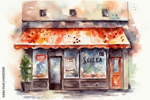 The illustration portrays a charming watercolor painting of a pizzeria, capturing the cozy ambiance and mouthwatering aroma of freshly baked pizzas. Generative Ai.