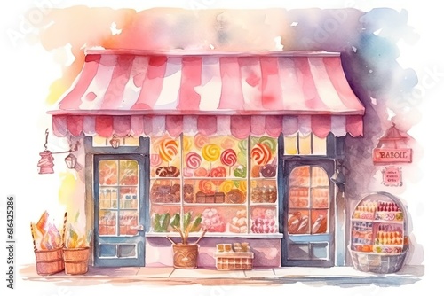 The illustration features a whimsical watercolor painting of a candy store, with colorful sweets and treats on display, creating a playful and delightful atmosphere.Generative Ai.