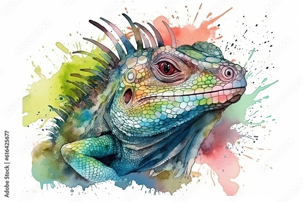 The illustration showcases a watercolor painting of a iguana face. Generative Ai. The illustration showcases a watercolor painting of a iguana face. Generative Ai.