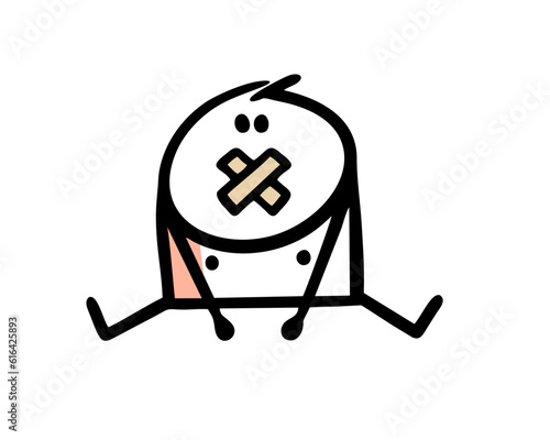 Poor baby boy is sitting with his mouth covered with a plaster and cannot cry and scream. Vector illustration of a helpless child and abusive parents.
