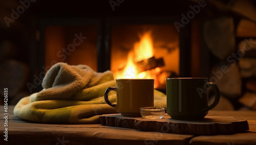 two mugs on a table by a fireplace
