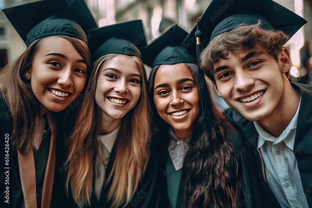 Portrait of a group of students graduation day.Students, hands up or graduation success with diploma paper.smile or happy graduate friends