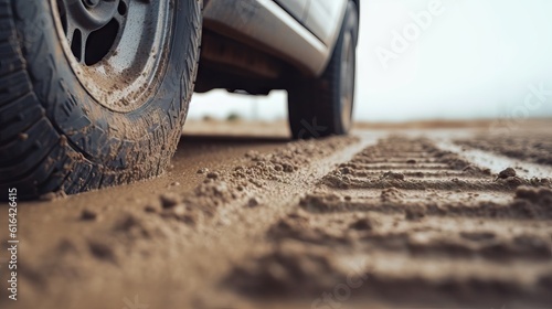 A big wheel of the 4x4 off-road car driving on terrain route .Getting off the beaten path. Car wheels on steppe terrain splashing with dirt photo