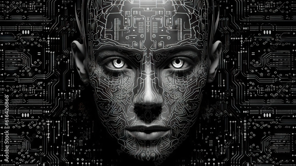 Robot mechanic face with neural link intelligence, big data. Cyberpunk, android robot bionic. artificial intelligence. Science fiction Robot mechanic face with neural link intelligence, big data. Cyberpunk, android robot bionic. artificial intelligence. Science fiction