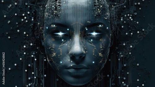 Robot mechanic face with neural link intelligence  big data. Cyberpunk  android robot bionic. artificial intelligence. Science fiction