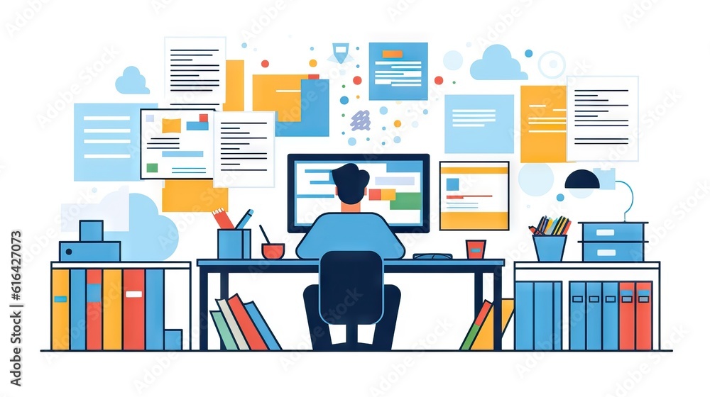 Working at the office. Work on trendy computer in a young space working with style on laptop. Concept of working and developing ideas, colorful vector type illustration Working at the office. Work on trendy computer in a young space working with style on laptop. Concept of working and developing ideas, colorful vector type illustration