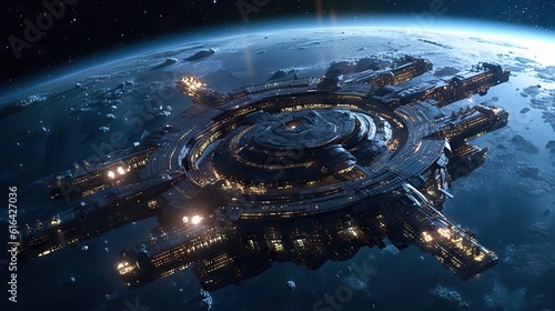 A massive spaceship on the galaxy. Cinematic movie. Cinematic Still, intense space battle between two massive battleships