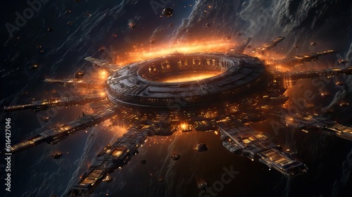 A massive spaceship on the galaxy. Cinematic movie. Cinematic Still, intense space battle between two massive battleships
