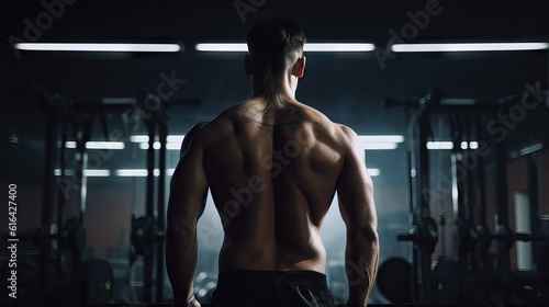 muscular back of a male athlete bodybuilder exercising in the gym