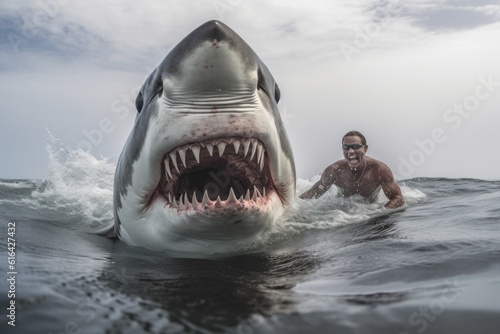 Original name(s): Great white shark and a man posing with a menacing expression in the ocean photo