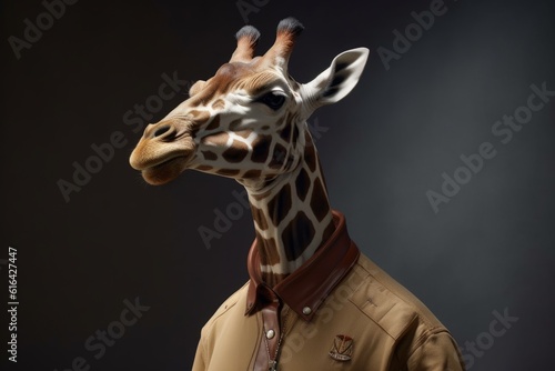 Giraffe in cheep's suit on dark background. Generative AI