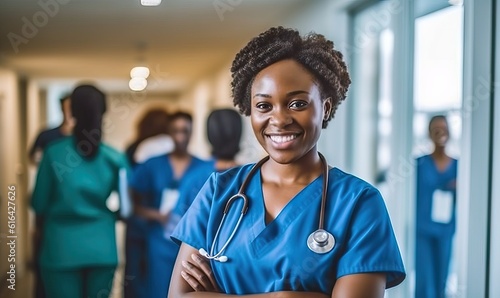 Portrait, nurse doctor at hospital standing at the corridor, black woman. Medical, healthcare professional or worker smile, happy and excited at work