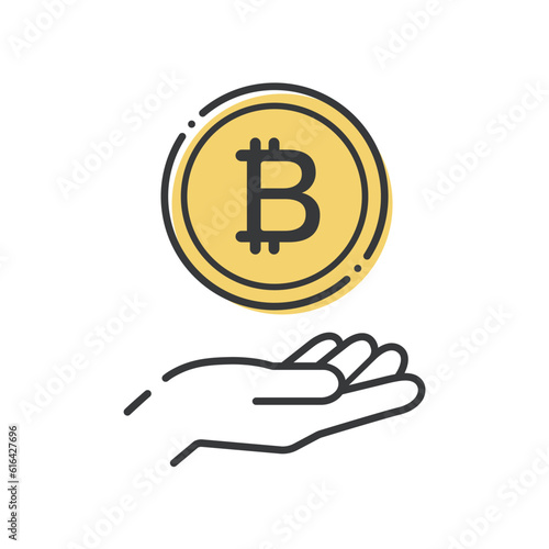 ₿のマークが入ったシンプルなコインと人の手のアイコン- ビットコインなどの仮想通貨のイメージ
