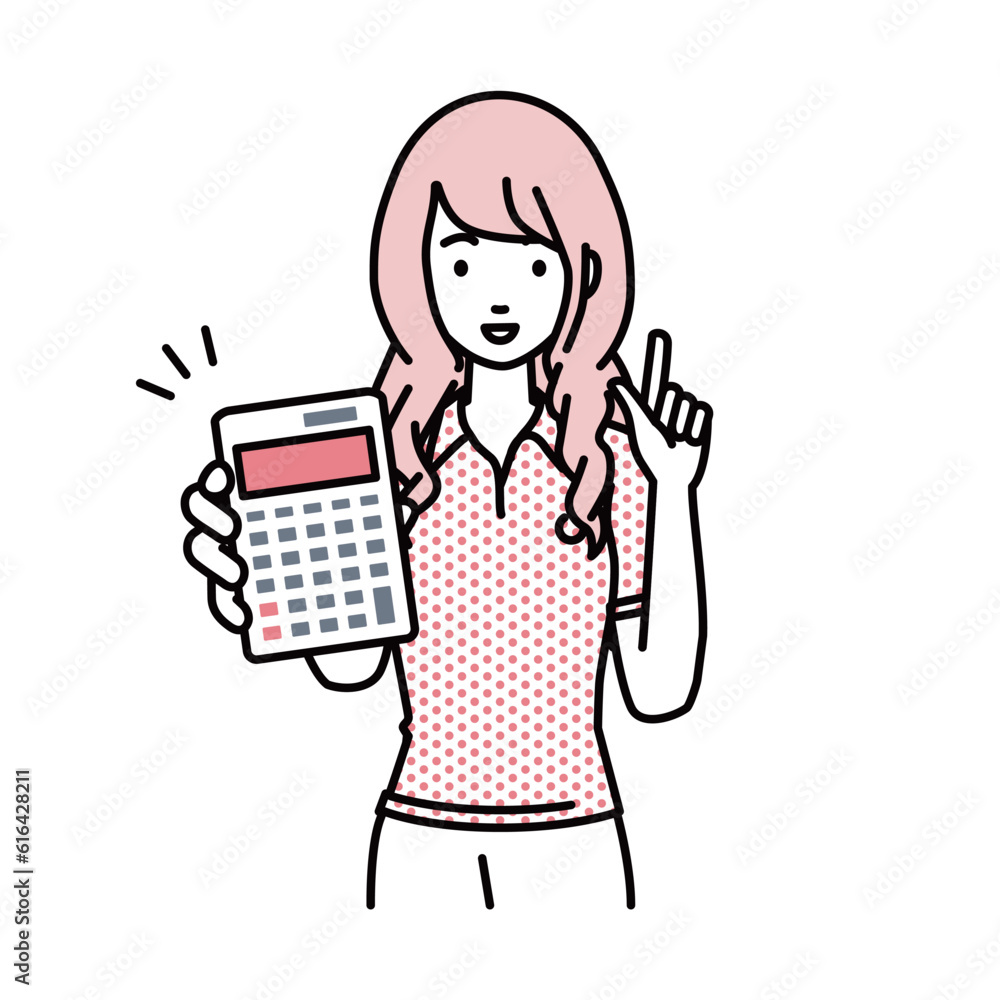 a woman in polo shirt recommending, proposing, showing estimates and pointing a calculator with a smile
