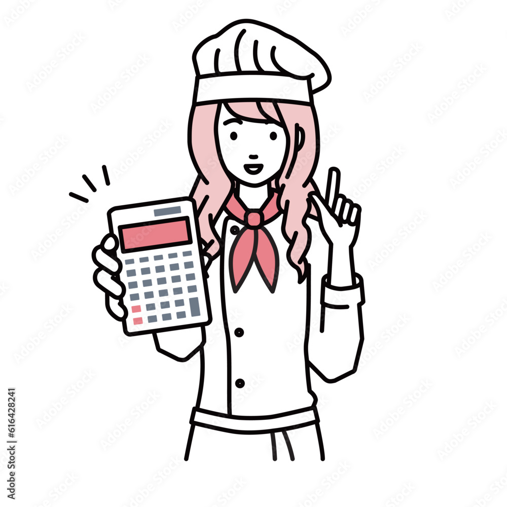 a woman cook recommending, proposing, showing estimates and pointing a calculator with a smile a woman cook recommending, proposing, showing estimates and pointing a calculator with a smile