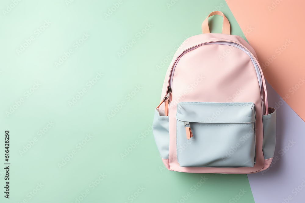 Fototapeta premium Top view on Classic backpack on studio background with copy space. Banner template. Light pastel colors palette - pink, blue. Generative AI photo imitation.