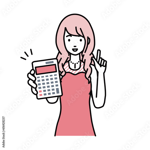 a woman in dress recommending, proposing, showing estimates and pointing a calculator with a smile