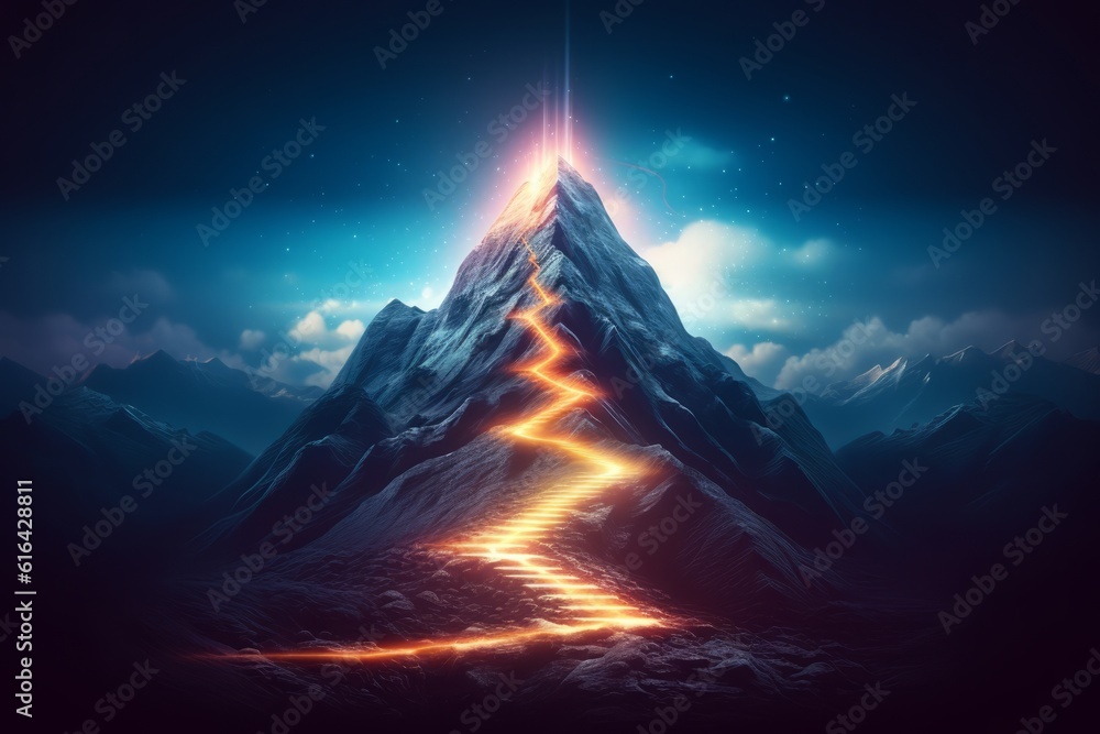 Path to Success glowing light Ascending to the Summit: A Futuristic Journey up the Glowing Mountain Path, Generative AI