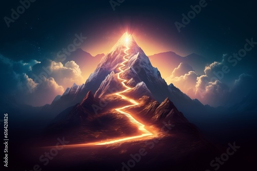 Path to Success glowing light Ascending to the Summit: A Futuristic Journey up the Glowing Mountain Path, Generative AI